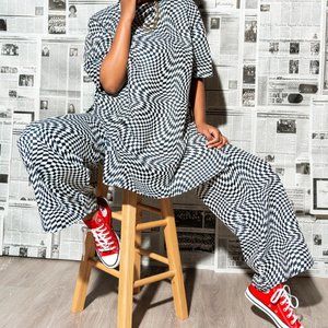 LALA ORIGINAL: Leveled Up Double Knit Playsuit in Groovy Black Checker